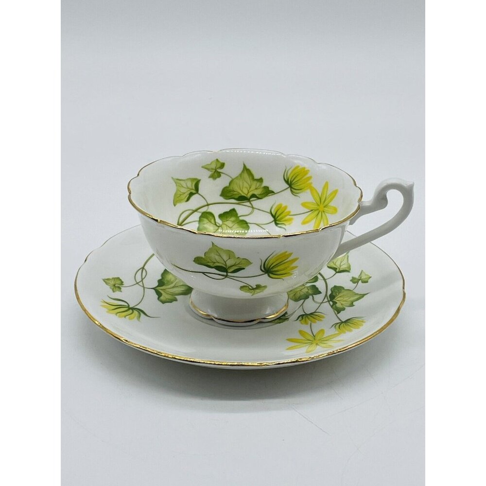 SHELLEY CUP AND SAUCER CELANDINE LINCOLN SHAPE ENGLAND 1960S YELLOW FLOWERS